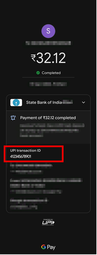 Payment screen showing where the UPI transaction ID is